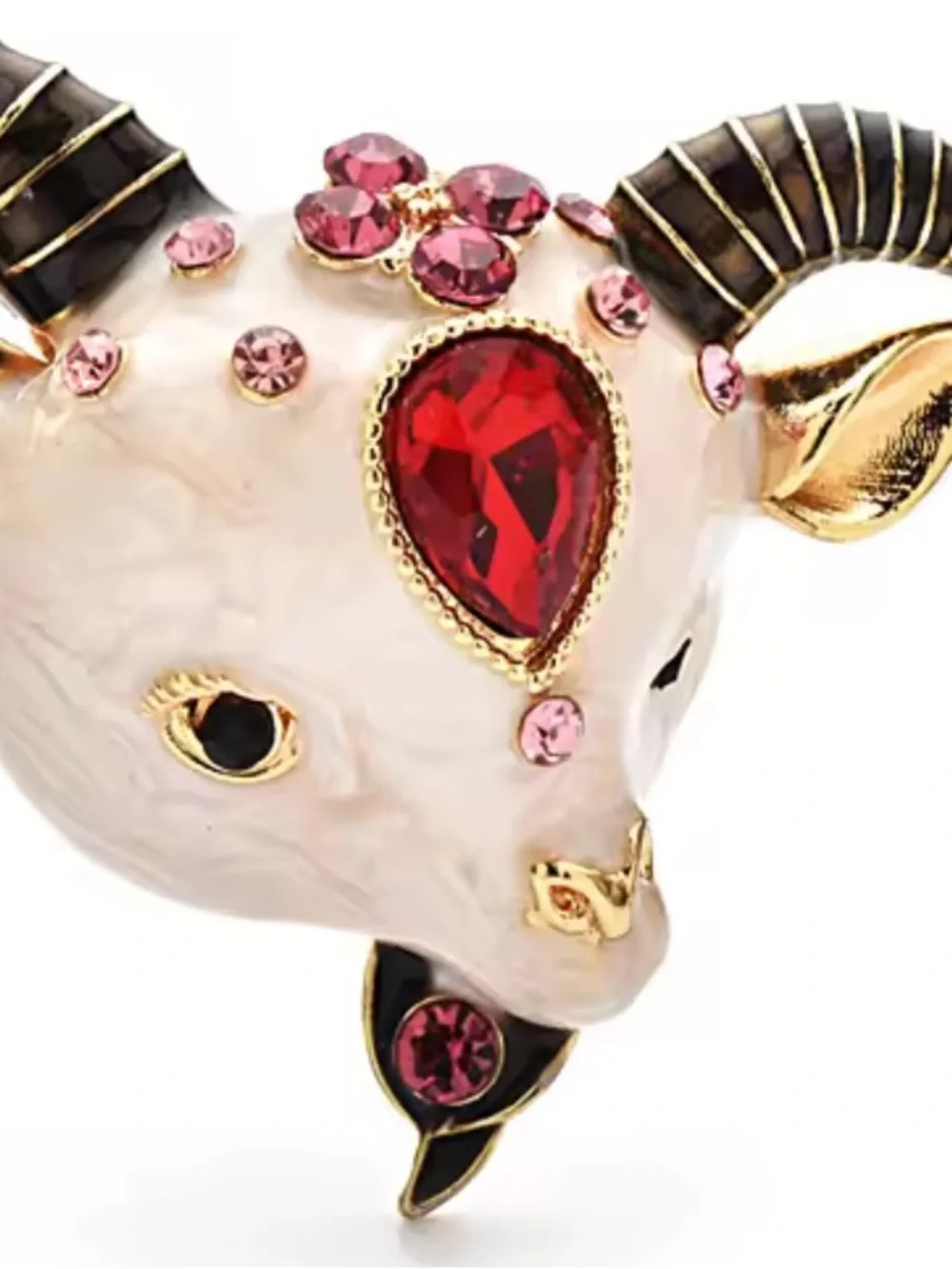 Luxury Ram Goat Head Red Ruby Crystal Brooch